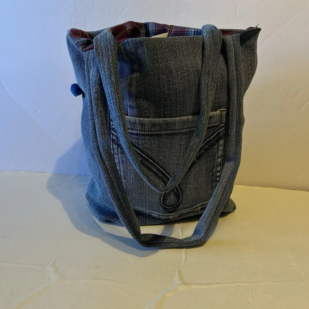 Handmade Denim Jean Bag Tote Purse Boho Upcycled Buttons Rhinestones Pearl‎